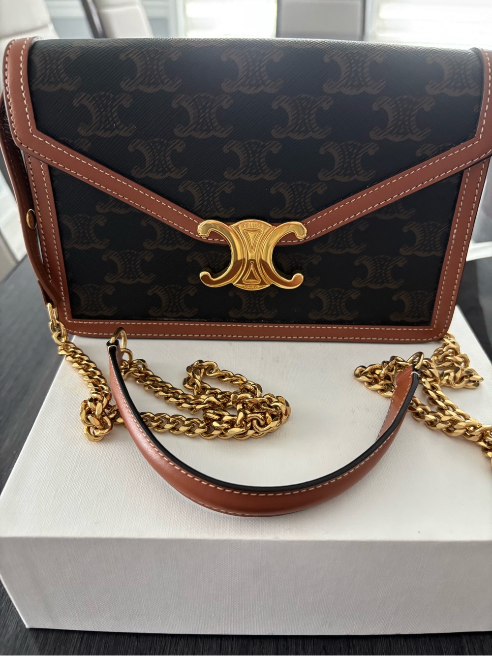 Celine Black Brown Triomphe Chain Crossbody Bag with Gold Hardware